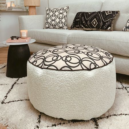 Snug and Printed Linen Look Drum Pouffe - Circle Geo